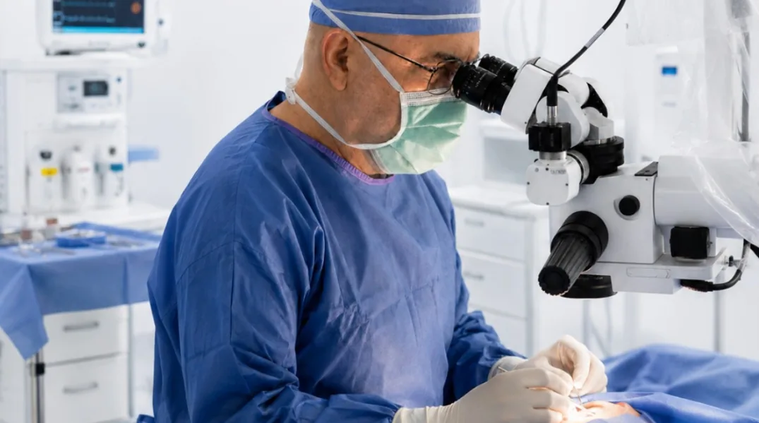 Dr. Marcelo Tardío operando con microscopio quirúrgico en el quirófano de Clínica Santa Bárbara